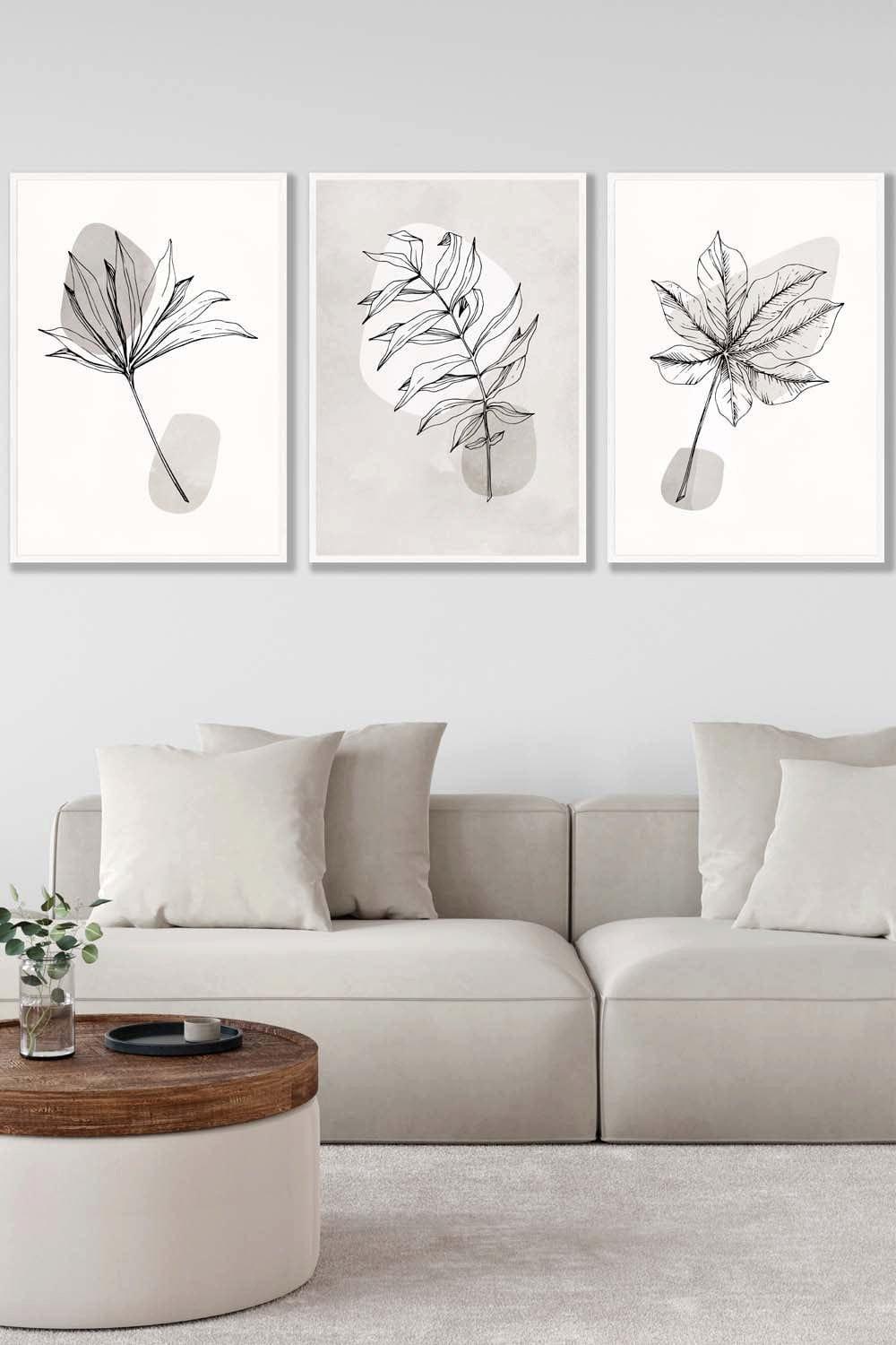 Set of 3 White Framed Grey and Beige Botanical Sketch Leaves Wall Art